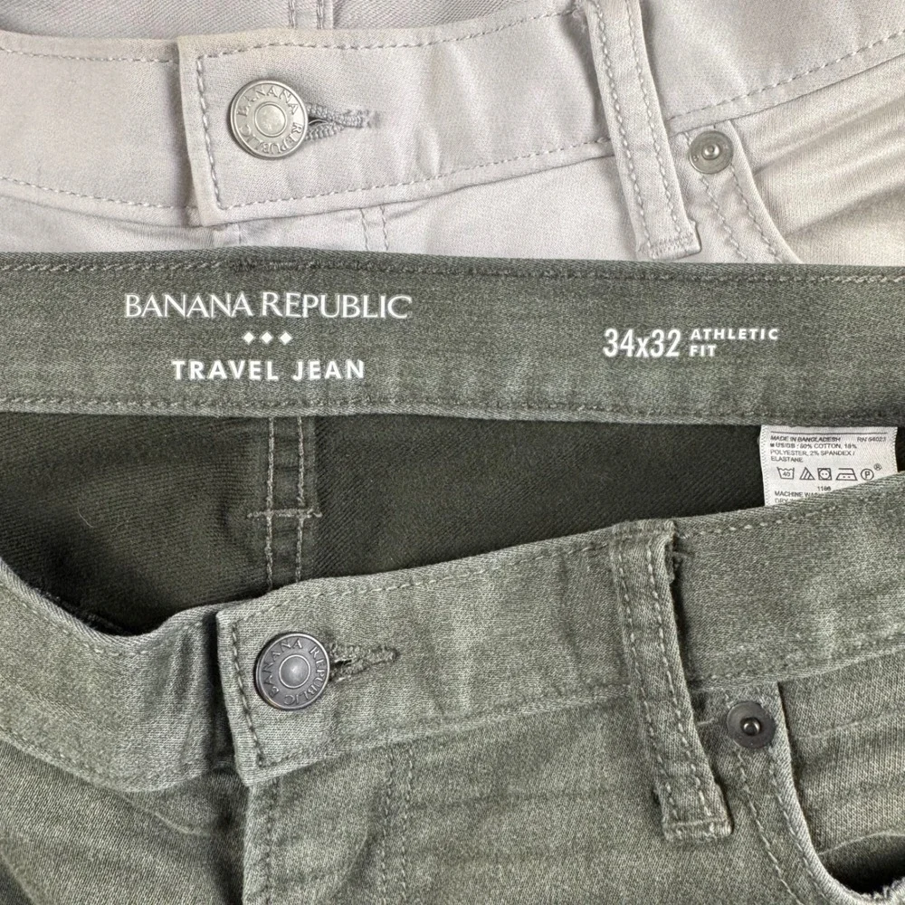 Banana Republic Travel Jean Lot Mens 34x32 Athletic Slim Fit Navy Green Gray 3pk